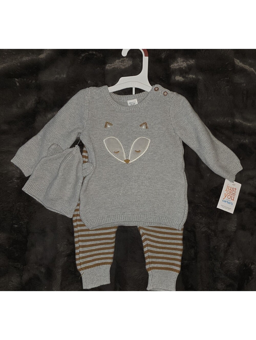 Just One You by Carter's 6-9M 3pc Knit Cotton Sweater Pants Hat Fox Striped